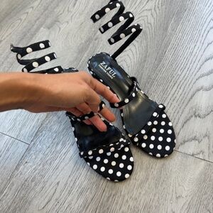 Zaful Black and White Polka Dot Wrap-Heel Sandals